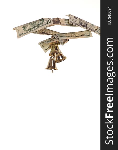 Vertical of a cash tree branch with bells ringing in the profits of the holidays. Vertical of a cash tree branch with bells ringing in the profits of the holidays