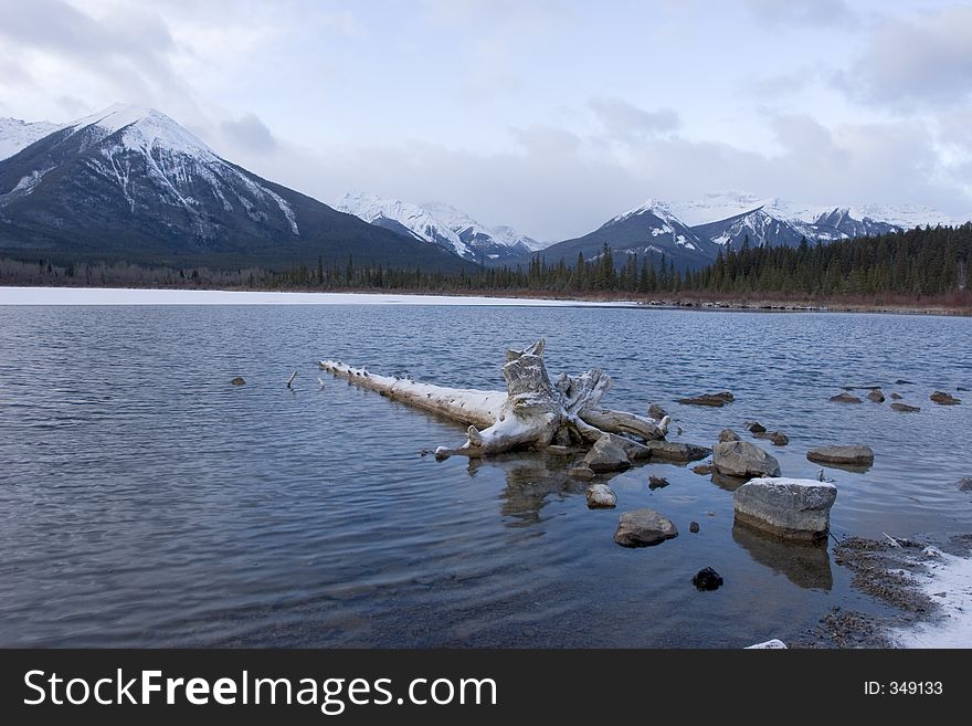 A mountain lake in winter. A mountain lake in winter