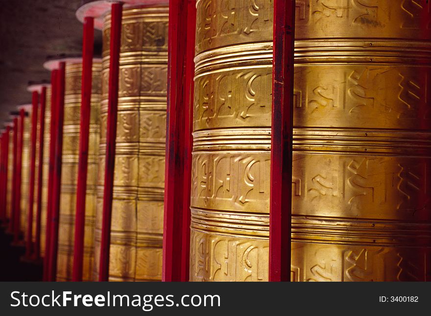 Prayer Wheels in the LangMuSi,Gansu,China.