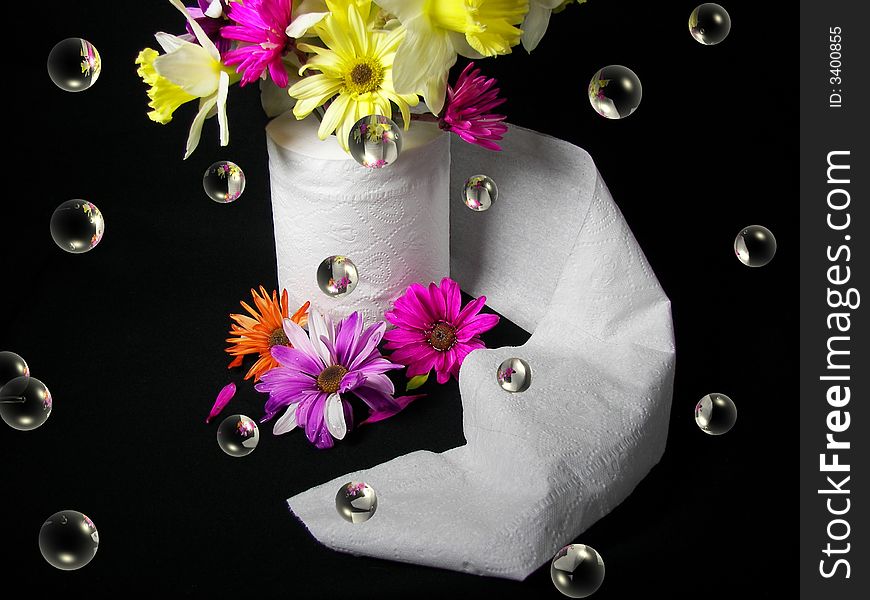 Bouquet of spring flowers in a toilet paper roll with fun bubbles. Bouquet of spring flowers in a toilet paper roll with fun bubbles.