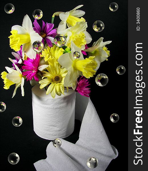 Spring bouquet in toilet paper roll with fun bubbles. Spring bouquet in toilet paper roll with fun bubbles.