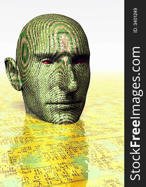 Cyberhead with digital texture on it, drowned into digital sea. Cyberhead with digital texture on it, drowned into digital sea