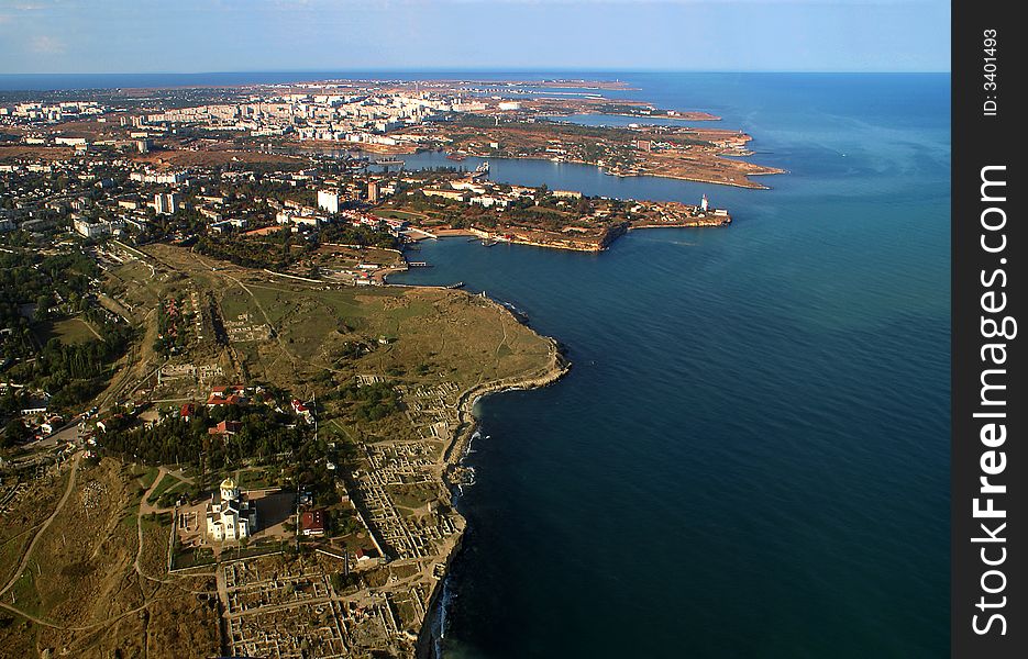 Black sea, Sevastopol and it's numerous bays. In the foreground you may see the ruins of the ancient Greek city Chersones. Black sea, Sevastopol and it's numerous bays. In the foreground you may see the ruins of the ancient Greek city Chersones.