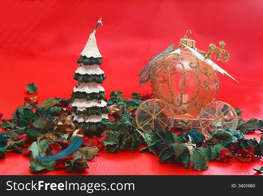 Christmas background with candle and ornaments