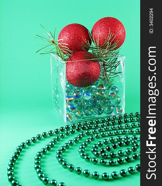 Image from christmas series: meny glass balls on green background. Image from christmas series: meny glass balls on green background