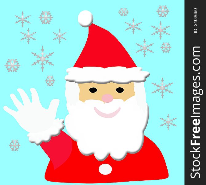 Illustrated jolly Santa in red suit and cap , waving. Illustrated jolly Santa in red suit and cap , waving