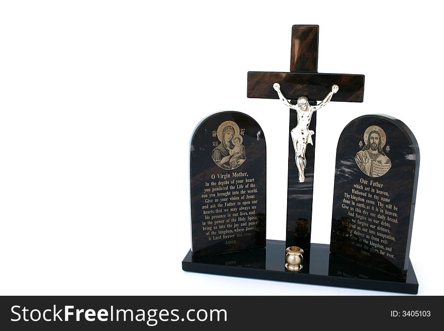 Cross with Jesus and prayers isolated on the white.
