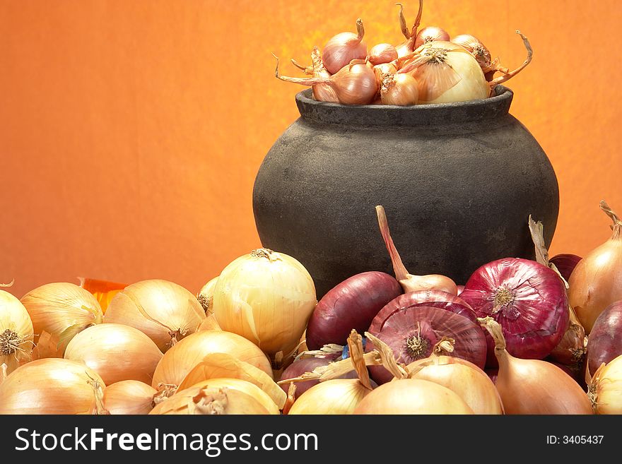 Onions on an orange background