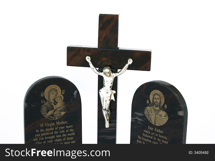 Cross with Jesus and prayers isolated on the white.