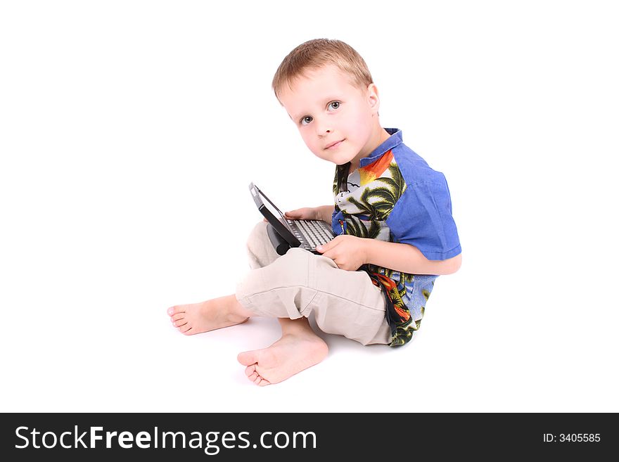 Young boy with palmtop on the white background. Young boy with palmtop on the white background
