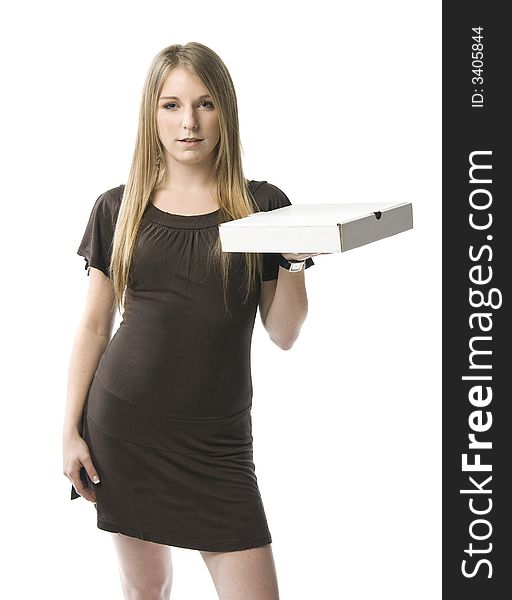 Beautiful young blond woman holding a pizza box. Beautiful young blond woman holding a pizza box.