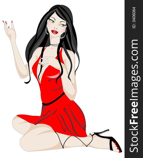 Gorgeous girl in a red dress illustration