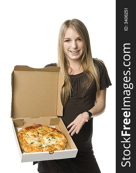 Beautiful young blond woman holding a pizza in a box