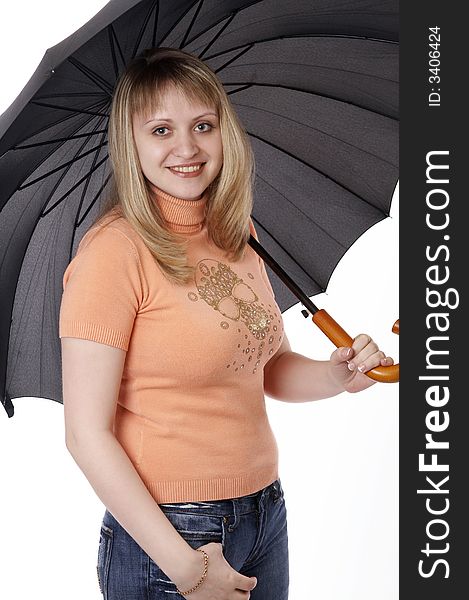 Woman standing with black umbrella isolated on white