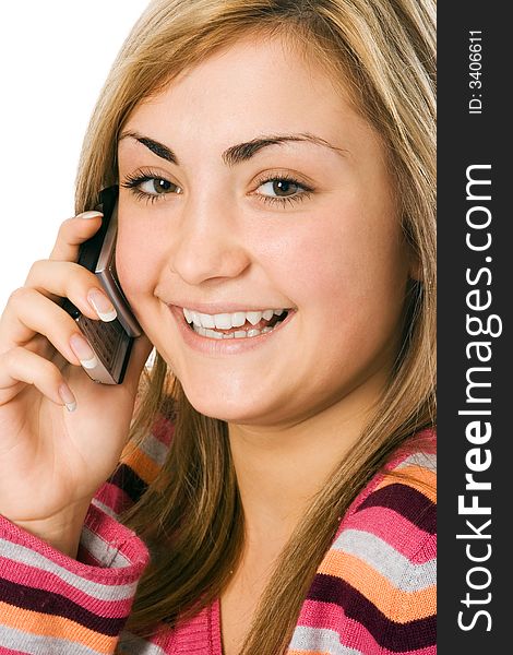 Attractive young woman calling by cellular phone  over white background. Attractive young woman calling by cellular phone  over white background