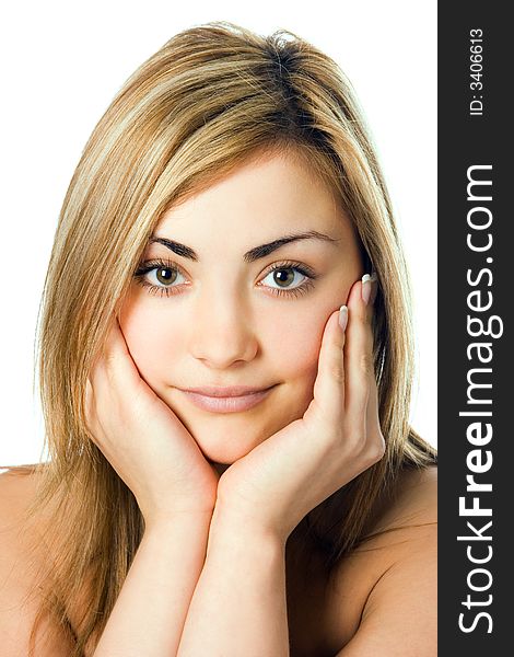 Close-up spa beauty woman portrait hold palm of hand cheek over white background