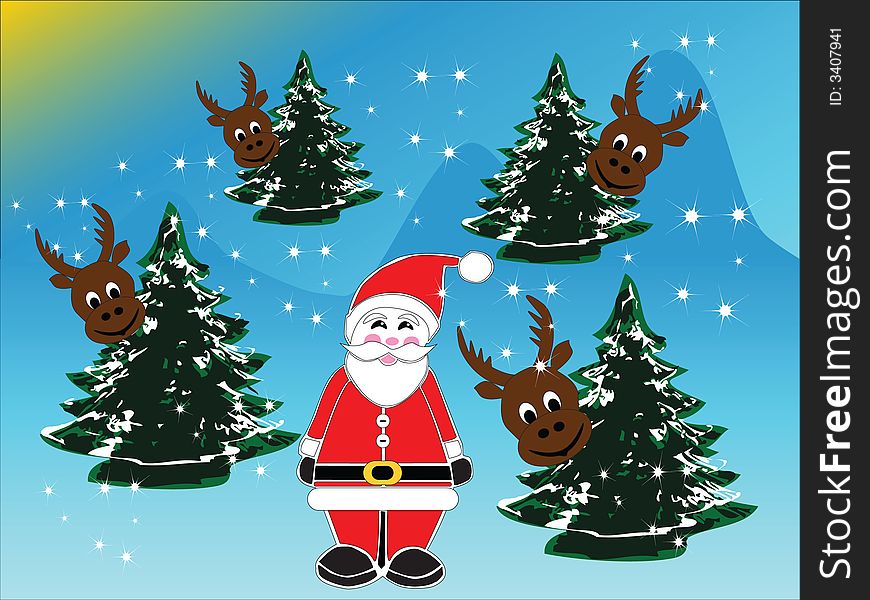 Santa claus with christmas trees and mooses