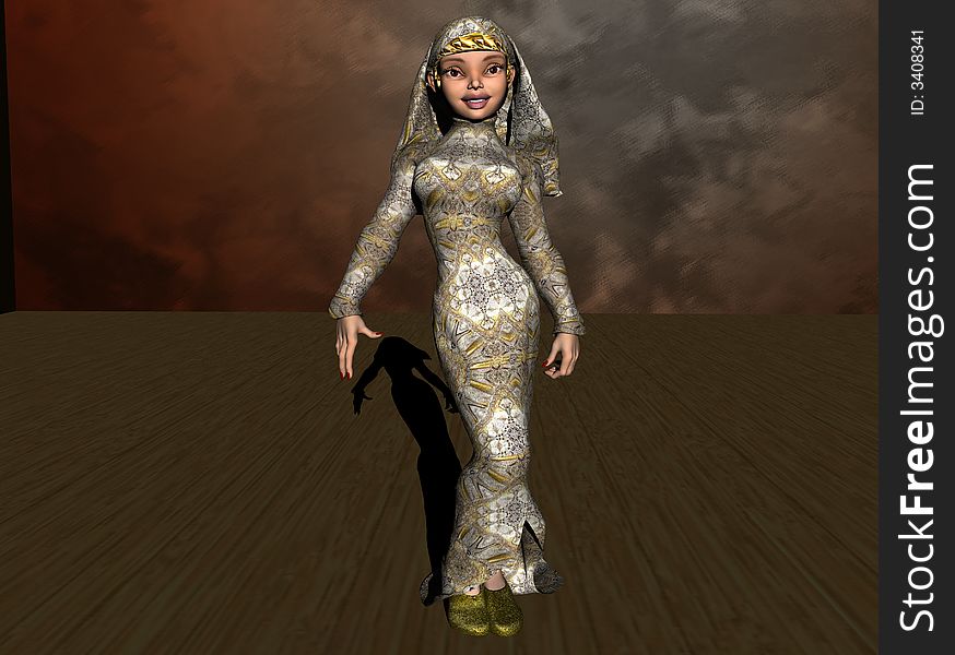 The Girl, dressed in lovely white brocade bridal fashion, poses on a stage.  Three Dimensional Image, computer generated render.