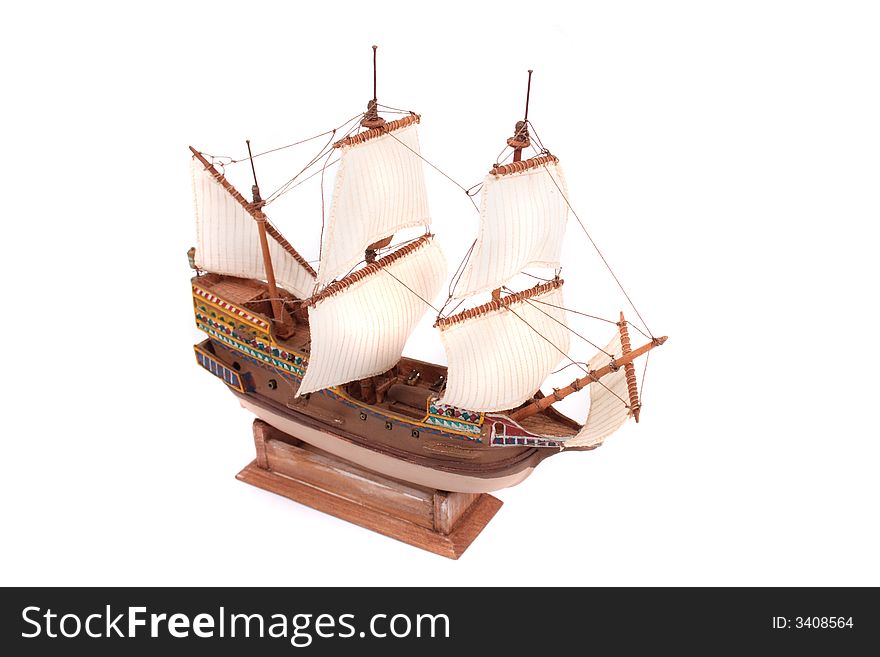 Model of old ship on the white background