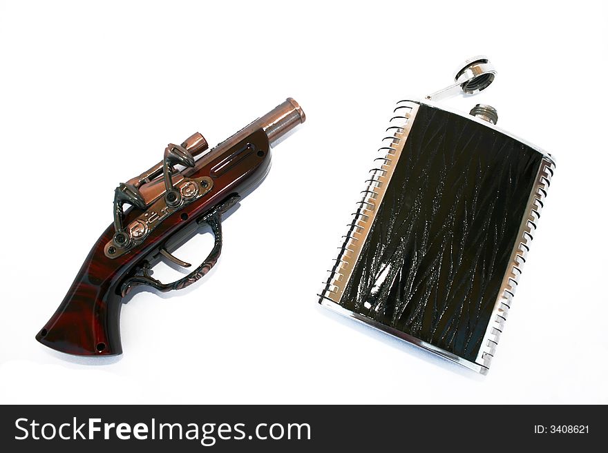 Lighting pistol and flask as a present set for men.Isolated on the white.