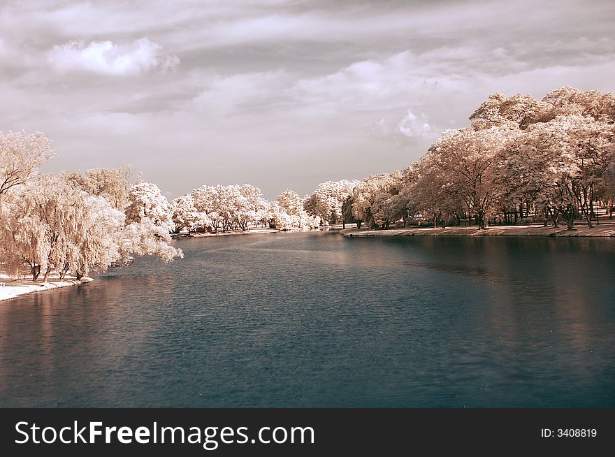A riverside taken in IR to give the trees an autumn trees effect. A riverside taken in IR to give the trees an autumn trees effect.