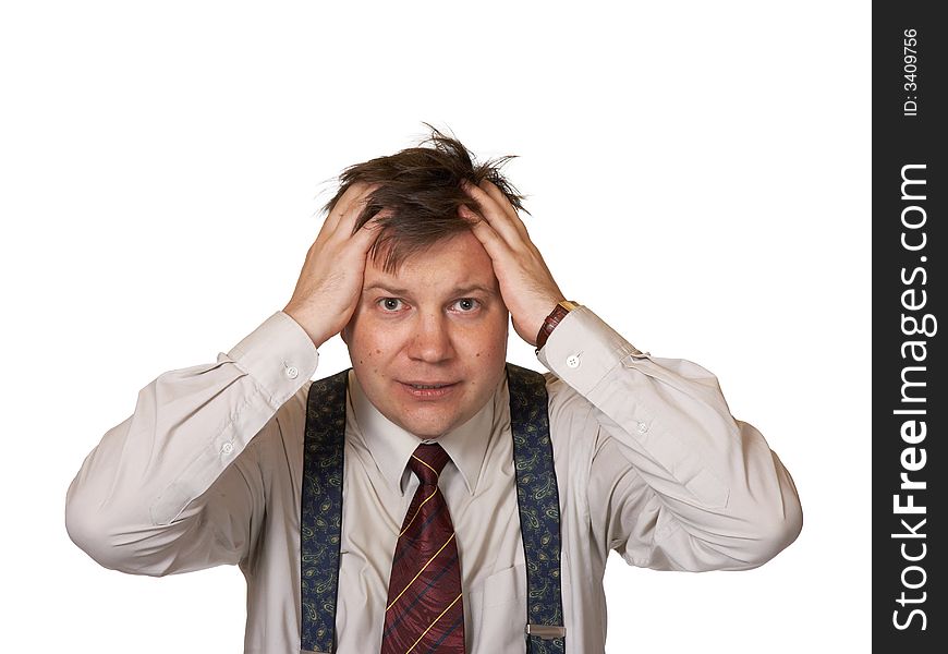 Stressed businessman, isolated on white background