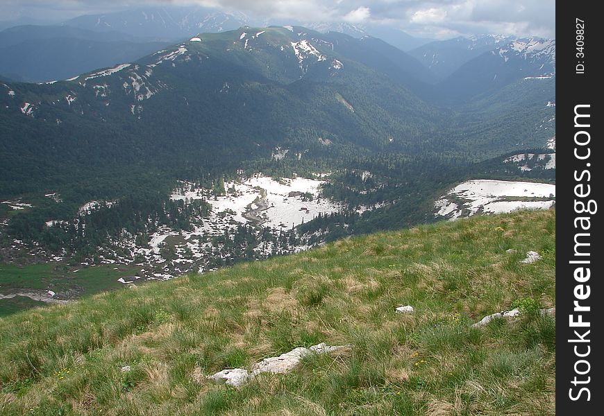 Mountain Fisht foot. A kind from mountain Fisht. 
The camp for climbers is below visible.
14 June 2007. Mountain Fisht foot. A kind from mountain Fisht. 
The camp for climbers is below visible.
14 June 2007