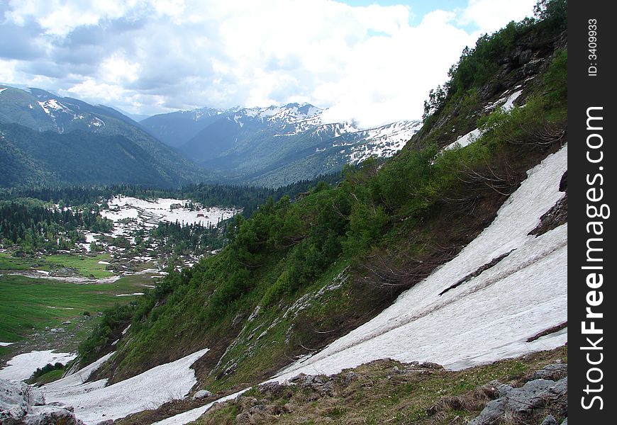 Mountain Fisht foot. A kind from mountain Fisht. The camp for climbers is below visible. 14 June 2007. Mountain Fisht foot. A kind from mountain Fisht. The camp for climbers is below visible. 14 June 2007