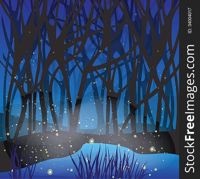 Night magic scene with fireflies. EPS10