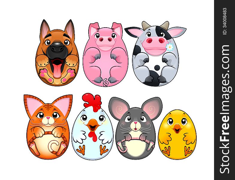 Funny animals rounded like eggs. Cartoon, vector and isolated characters.