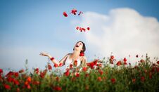 Pregnant Happy Woman In A Flowering Poppy Field Stock Photos