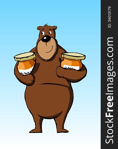 Cartoon bear holding honey jars