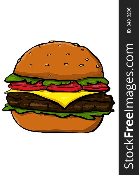 Cartoon hamburger with meat tomato and salad