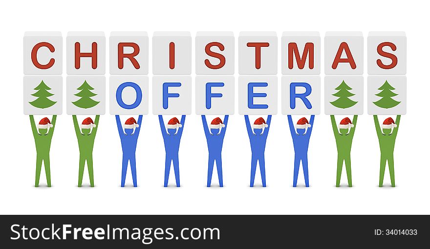 Men holding the words Christmas Offer. Concept 3D illustration.