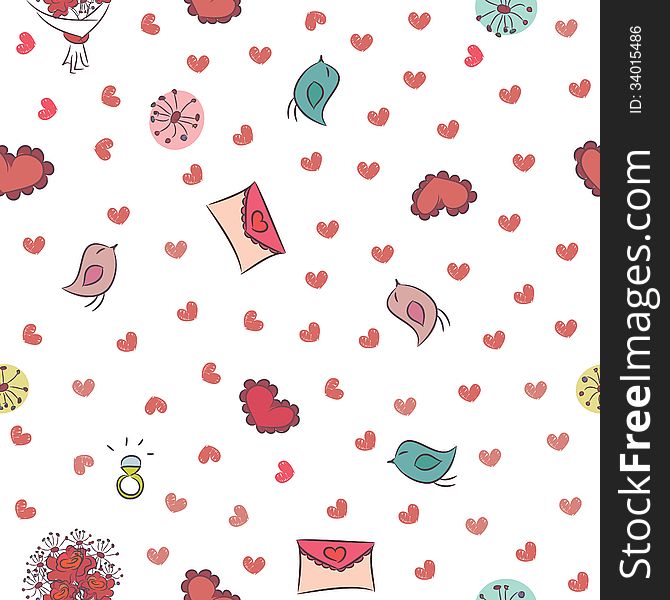 Seamless background for Valentines Day with hearts, birds, love notes and roses. Seamless background for Valentines Day with hearts, birds, love notes and roses.