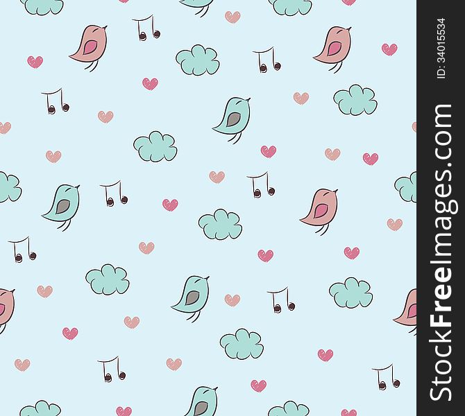 Seamless pattern with birds, hearts, clouds and no