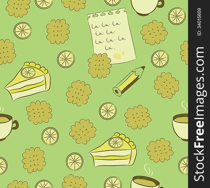 Seamless pattern with cakes, lemon and tea.