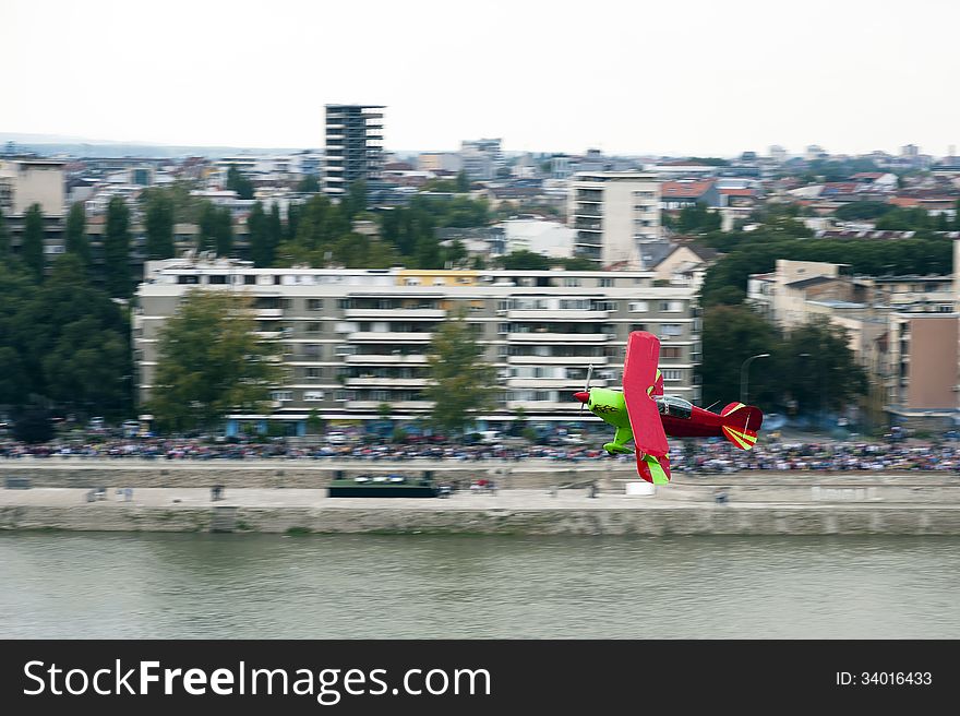 Plane taking part in an exhibition on traditional airshow in Novi Sad on Danube river, on September 22, 2013 in Novi Sad, Serbia. Plane taking part in an exhibition on traditional airshow in Novi Sad on Danube river, on September 22, 2013 in Novi Sad, Serbia