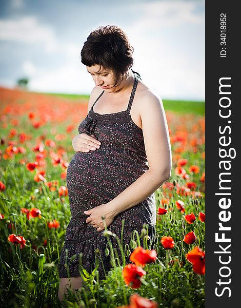 Pregnant Happy Woman In A Flowering Poppy Field