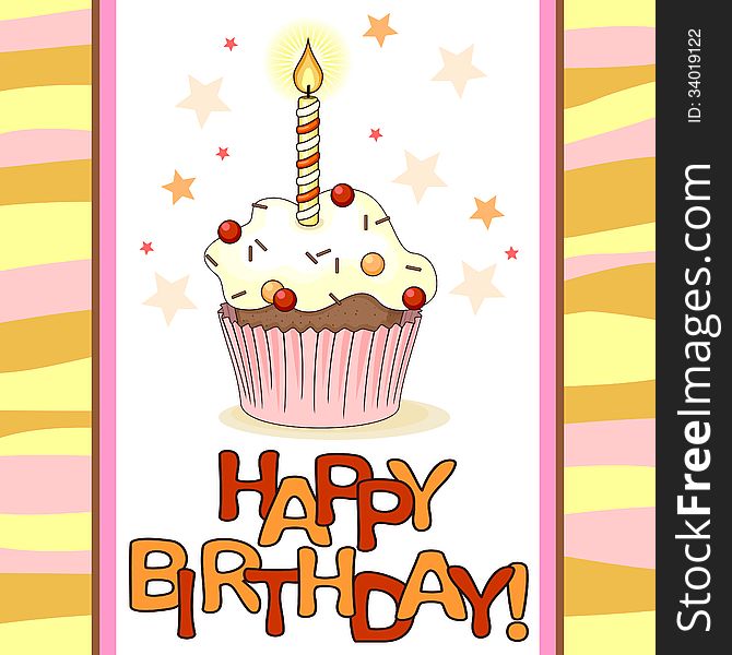 Birthday card with cartoon cupcake and small candle