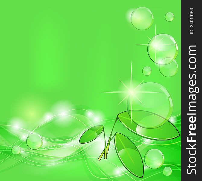 Bright green background with bubbles and plant