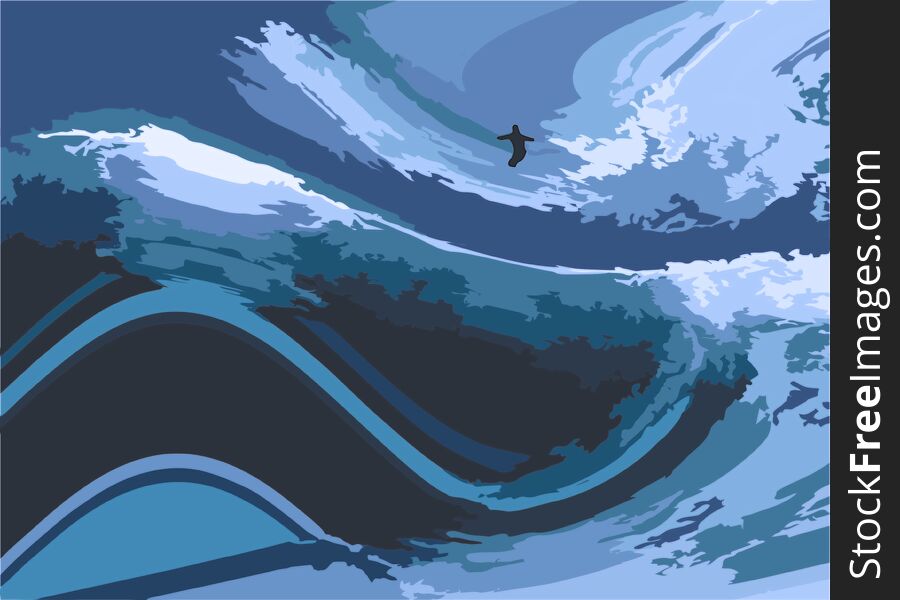 Illustration of a surfer in large ocean waves. Illustration of a surfer in large ocean waves