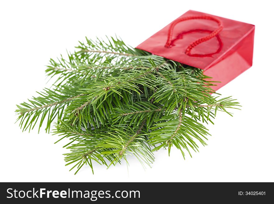 Fir-tree twigs in red paper-bag isolated on white background