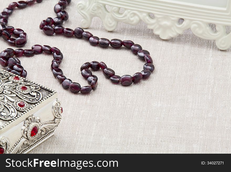 Garnet necklace and vintage silver jewelry box