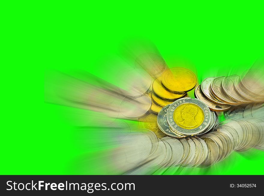 Coins of Thailand on green background. Coins of Thailand on green background