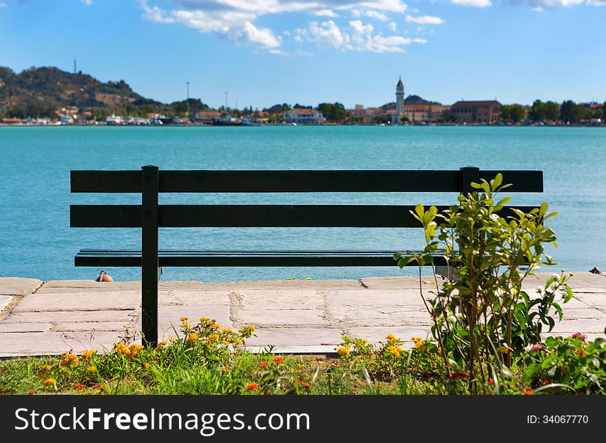 Bench on shore a Bay, background of the sea. Bench on shore a Bay, background of the sea