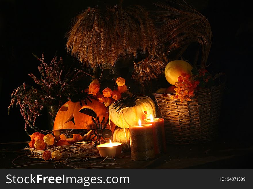 Halloween pumpkin with flowers and autumn leaves close up