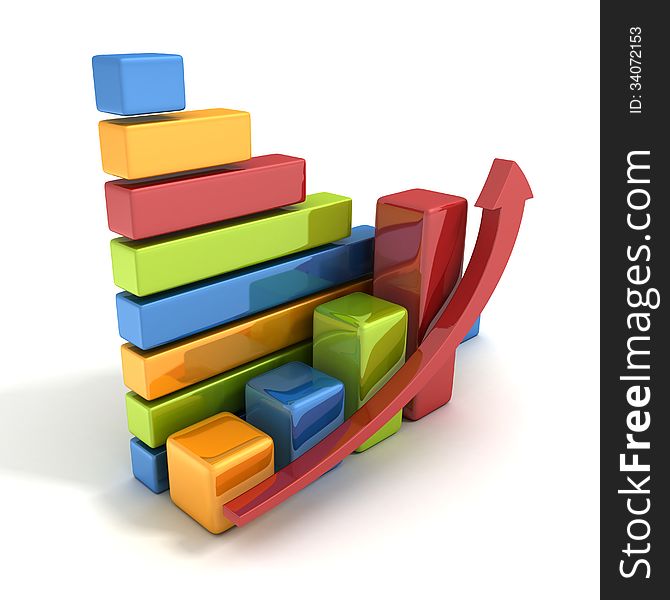 Colorful success business bar graph with growing up arrow 3d