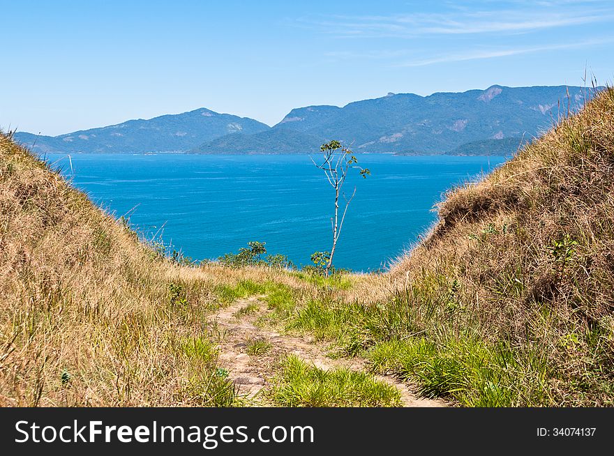 Grass Field With An Ocean And An Island In The Horizon.