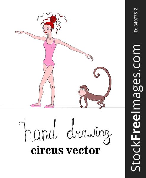Hand drawn circus rope-walker and monkey